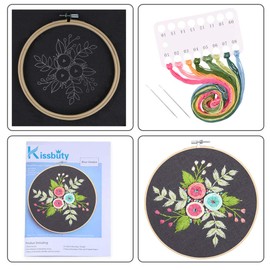Full Range of Embroidery Starter Kit with Pattern, Kissbuty Cross Stitch Kit Including Embroidery Fabric with Floral Pattern, Bamboo Embroidery Hoop, Color Threads Tools Kit (Colored Roses)