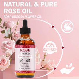 Rose Essential Oil for Skin Care, Pure and Natural Essential Oils for Diffusers Aromatherapy, Huile Essentielle Pour Diffuseur, Premium Grade for Skin, Hair, Nails and DIY with Glass Dropper-4Fl Oz