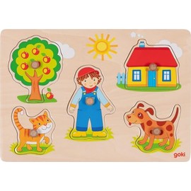 goki 57306 - Puzzle Cat and Dog - Animal Puzzle with Wooden Handles for Toddlers