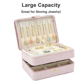 KOOAAICCHI Small Jewelry Box, Travel Jewelry Organizer, Portable Jewelry boxes for Women Girls Gift, Double Layers PU Leather Jewelry Holder for Rings, Earrings, Necklaces-Velvet Pink