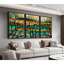 Large Framed Abstract Wall Art - Sunset Mountain and River Wall Decor 24"x36" Set of 3 Branch Tree Wall Art Prints Modern Landscape Artwork Symbolism Canvas Pictures for Living Room Bedroom Office