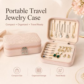 RQQM Travel Jewelry Case, Floral Embossed jewelry boxes for women, PU Leather Small Jewelry Organizer Case with Zipper, Velvet Lined Ring Earring Necklace Case for Travel, 6.3 x 4.7 x 2.4 in