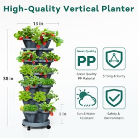 Tectsia 7 Tiered Strawberry Vertical Planter 2 Pack, Stackable Tower Garden Planter Herb Garden Planter with Movable Casters and Bottom Saucer Indoor and Outdoor - Dark Grey