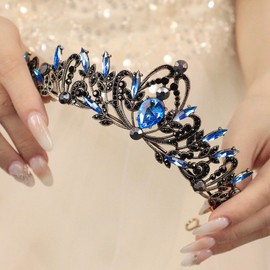 Rannyrena Silver Crystal Tiaras and Crowns for Women Sparkling Rhinestone Queen Crowns Princess Birthday Wedding Bridal Hair Accessories (Dark gold-light blue, Standard)