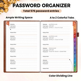 SUNEE Password Book with Colorful Alphabetical Tabs, Password Books for Seniors, Password Keeper Book for Computer and Internet Address Website Login, 5.3''x 7.7''- Brown