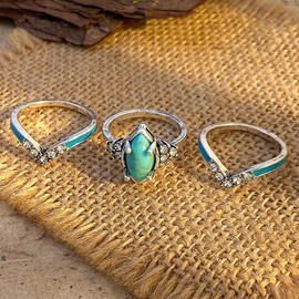 QLUYCKW Bohemian Turquoise Diamond Rings 3 PCS Ring Set Statement Knuckle Carved Green Turquoise Finger Joint Knuckle Rings Finger Ring Turquoise Jewelry Sparkling Natural Gemstone t for Women Men (10)
