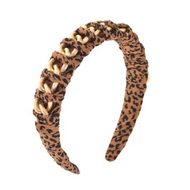 LUX ACCESSORIES XOXO Babydoll Leopard Print Puffer Headband, 4.5-5.5 Inches Wide, Polyester Blend, Gold