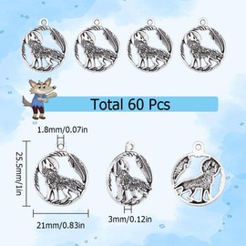 SUNNYCLUE 1 Box 60Pcs Silver Wolf Charms Bulk Wild Animal Charms Alloy Tibetan Style Outdoor Forest Vintage Round Retro Charm for Jewelry Making Charms Supplies DIY Necklace Bracelet Earrings Adults,
