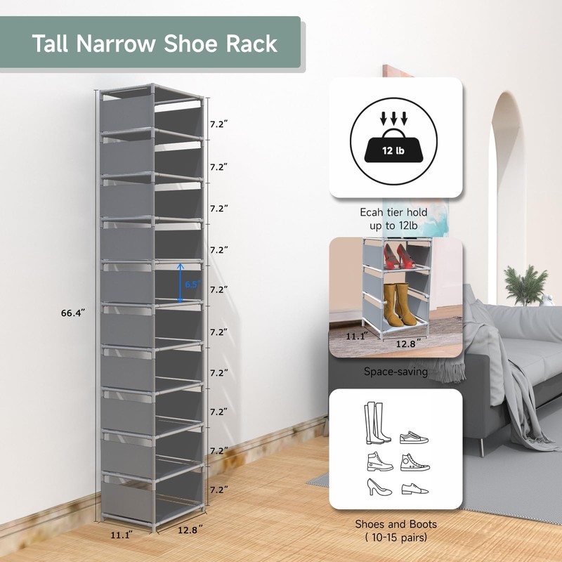 isightguard Vertical Shoe Rack, 10 Tier Grey Narrow Shoe Organizer