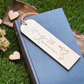 Spruchreif Wooden Bookmark with Engraving and Leather Band, Wooden Bookmark, Gifts for Book Lovers, Bookworm, Gift Communion, Bookmark with Engraving "Zur Kommunion"
