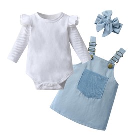 Infant Baby Girl Clothes Newborn Long Sleeve Ruffle Ribbed Romper Suspender Skirt Headband Dress Outfits Blue 12-18 Months