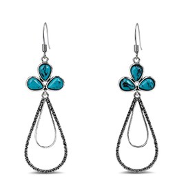 Teppdfann Boho Turquoise Earrings for Women – Turquoise Drop Dangle Earrings with Hammered Silver Design, Western Turquoise Birthstone Jewelry with for Gift