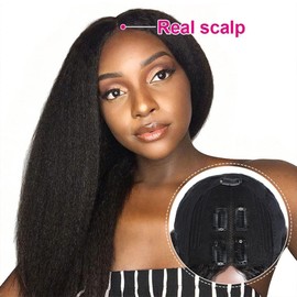V Part Wig Human Hair Kinky Straight Human Hair Wigs for Black WomenYaki V Part Human Hair Wig Human Hair Upgrade U Part Full Head Clip In Half Wig V Shape Wigs Yaki Straight Human Hair Wig 16 inch