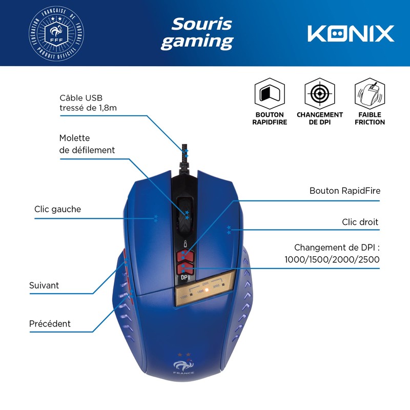 Konix FFF Gaming-Maus für PC - LED-DPI-Anzeige - Fensterwechsel-Taste -
