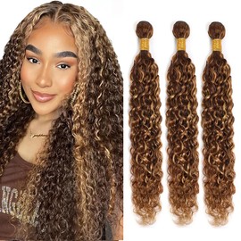 P4/27 Curly Hair Bundles Honey Blonde Kinky Curly Bundles Human Hair Ombre Blonde Brown and Black Human Hair Double Weft Wet and Wavy Bundles Silky and Soft for Black Women 12 14 16 Inch