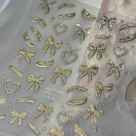 Bow Nail Art Stickers Gold Nail Decals Shiny with Design Silk Bow Nails Stickers 5D Embossed Self Adhesive Nails Charms Supply for Women Girls Manicure DIY Decoration