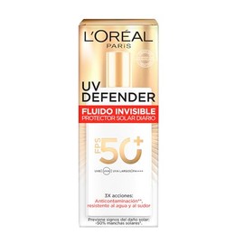 Oreal Paris Defender Fluido Invisible Protector Solar Diario Fps50 Ácido Hialurónico Hidrata Previene Líneas Expresión Protege Rayos 40ml