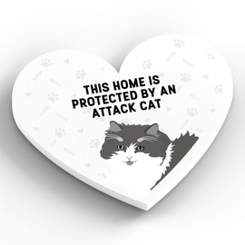 Global Designs Grey And White Cat Home Protected Attack Cat Katie Pearson Artworks Heart Shaped Wooden Magnet