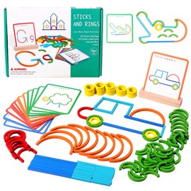 Construction Sticks & Rings Shape Puzzle Letter Construction Set Wooden Pattern Blocks Stem Toy Educational Learning Games Montessori Toys for Boys Girls Toddlers