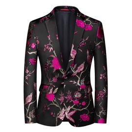 Cloudstyle Mens Embroidery Tux Dress Suit Jacket Formal Print Prom Blazer Dinner Sport Coat, Rose Red, Large