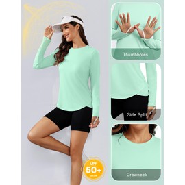 PINSPARK Hiking Shirts for Women Long Sleeve Rash Guard UV Protection Crewneck Workout Tops with Thumbholes, Green XXXL