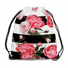 Sotunad Wild Flower Pink Peony Roses Black White Stripes Vintage Style Green Leaf Drawstring Backpack Gym Backpack Draw String Shoe Swim Back Bag for Women Men 14x16.9 Inch