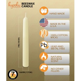 Hyoola 7" Beeswax Taper Candles 12 Pack - Handmade, All Natural, 100% Pure Unscented Bee Wax Candle - Tall, Decorative, White 7 Hour Burn Time