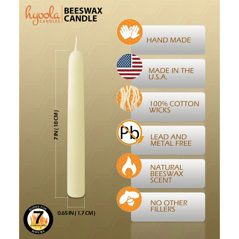 Hyoola 7" Beeswax Taper Candles 12 Pack - Handmade, All