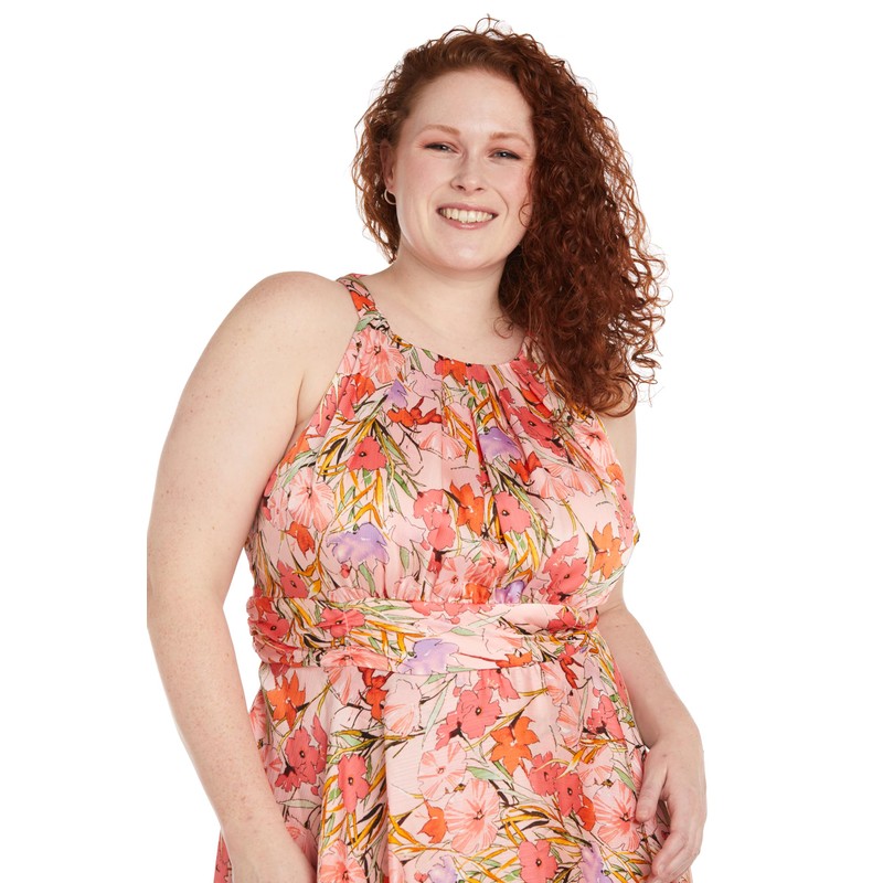 R&M Richards Women's Bright Floral Satin Peplum Halter Maxi Dress
