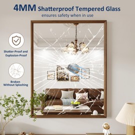 WEER Walnut Bathroom Mirror, Walnut Framed Mirror 28X36 Inch, Rectangle Wall Mounted Bathroom Vanity Mirror with Tempered Glass, Hangs Vertically or Horizontally, Anti-Rust
