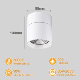LED Ceiling Spotlight, 3000K 10W COB Downlight with 360° Rotation, CRI95, Surface Mount for Bedroom & Artwork
