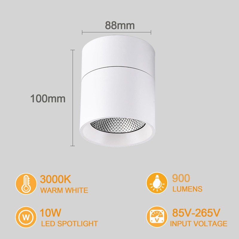 LED Ceiling Spotlight, 3000K 10W COB Downlight with 360° Rotation,