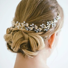 CASOLVX Bridal Hair Pieces Crystal Leaf Hair Vine Gold Wedding Bridal Hair Pin Exquisite handmade leaf headbands for bridal and Women