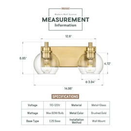 METWET Bathroom Light Fixtures, 2 Light Brushed Gold Vanity Light, Modern Wall Sconces with Clear Glass Globe Shade, Bathroom Wall Lights Over Mirror Kitchen Bedroom Hallway, VL195-GD-2