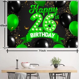 Happy 26th Birthday Green and Black Banner Backdrop Cheers to 26 Years Old Confetti Balloons Theme Decor Decorations for Women 26 Years Old Birthday Party Bday Supplies Background Gift Glitter