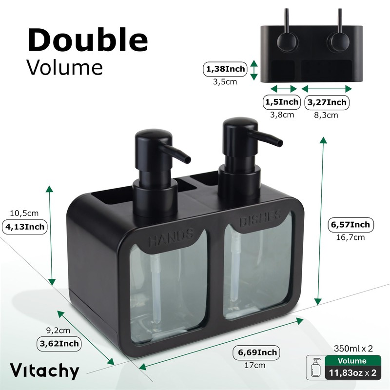 VITACHY Double Soap Dispenser for Kitchen. Dishwashing Soap Pump Dispenser
