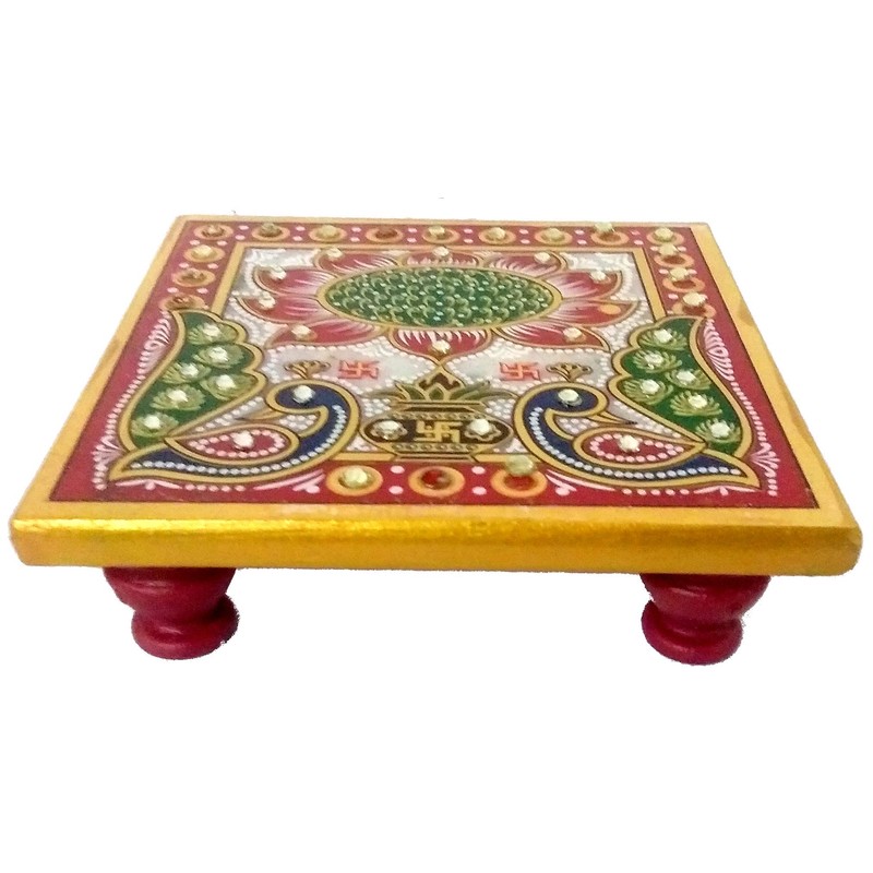 Purpledip Marble Platform (Plinth): Square Ethnic Handpainted Chowki for God