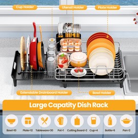 TOOLF Expandable Dish Rack, Dish Drying Rack for Kitchen Counter, Foldable Dish Dryer Rack, Stainless Steel Dish Drainer Racks with Cutlery Holder, Collapsible Dish Drying Racks Large Size,Black
