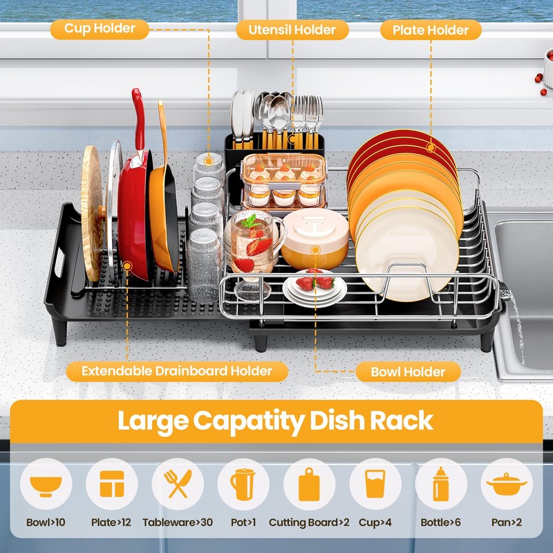 TOOLF Expandable Dish Rack, Dish Drying Rack for Kitchen Counter,