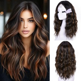 CURLCRAZY Short Wavy Wigs for Women Bob Wave Wig Natural Looking Synthetic Middle Part Lace Front Hair for Everyday Hairstyle 18Inch (Highlight Brown)