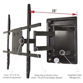 Recessed in-Wall TV Mount with 28" Extension – Flush Fit for 32"-90" Flat & Curved TVs, Low-Profile Hidden Install, Wood Concrete Compatible, VESA 200x200-800x600