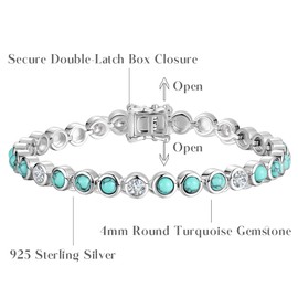 FANCIME 925 Sterling Silver Tennis Bracelet Round Cabochon Cut Turquoise Gemstone December Birthstone Bracelet Fine Jewelry Birthday Gifts for Women Mom Wife Her 7"