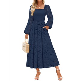 ZESICA Women's Fall Long Sleeve Maxi Dresses 2025 Square Neck Hollow Out Eyelet Smocked A Line Boho Wedding Guset Dress Navy Large