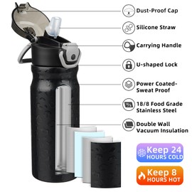 BJPKPK 18oz Insulated Water Bottle with Straw Stainless Steel Double Wall Water Bottles BPA Free Leak Proof Thermal Flask with Lockable Flip Lid and Soft Silicone Spout,Black Leopard