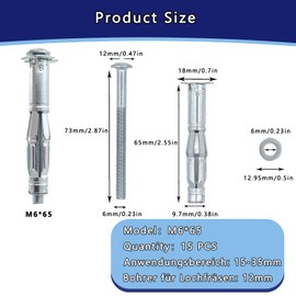 DAIRYCOF Pack of 15 Cavity Dowels, Galvanised Metal, Hollow Wall Dowels, M6 x 65 mm, Expansion Nuts, Cavity Dowels, Thin Fixings for Fixings in Plasterboard (15, M6 x 65 mm)