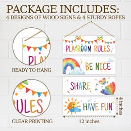 4 Pcs Playroom Wall Decor Sign, Playroom Rules Wall Art Decor Gift For Boys Girls, Rainbow Wooden Hanging Plaque Sign For Kids Room Nursery Playroom Reading Corner Classroom School -14