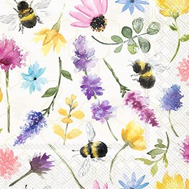 IHR Ideal Home Range Party Napkins Disposable 3-Ply Paper Lunch Napkin Pack, 6.5" x 6.5", Summer Bees Cream, 20-Count