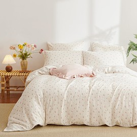 Lanqinglv Muslin Bed Linen 135 x 200 cm Cotton - Flowers White Pink Cotton Bed Linen Set Cuddly Bedding Sets Aesthetic Oeko-Tex Duvet Cover and 1 Pillowcase 80 x 80 cm
