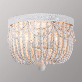 CHOOHUE 4-Lights Bohemian Flush Mount Ceiling Light Wood Beaded Mini Chandelier Farmhouse Ceiling Lighting Fixtures for Bedroom Dining Room Foyer Kitchen Hallway Nursery Room Walk in Closet, White