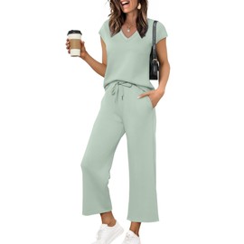 Saloogoe Womens Loungewear Set Two Piece Airport Outfits 2 Pc Lounge Sets Fashion Spring Short Sleeve Tracksuit Wide Leg Sweatsuit Ladies Casual Summer Clothing Vacation Clothes L